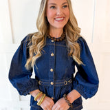 Solid ¾ Puff Sleeve Denim Top