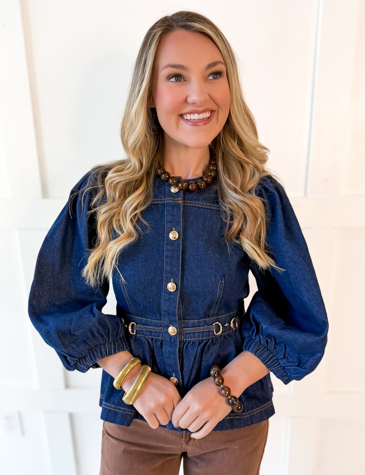 Solid ¾ Puff Sleeve Denim Top