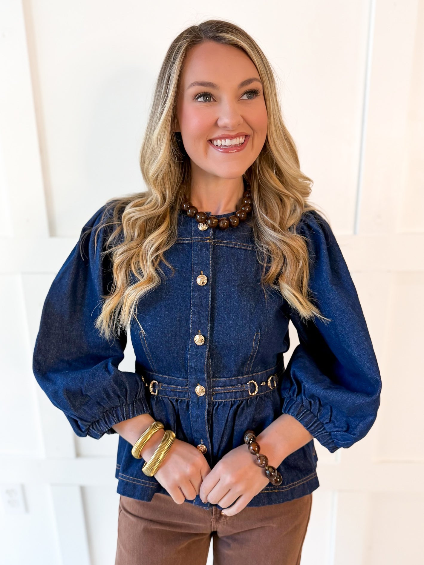 Solid ¾ Puff Sleeve Denim Top