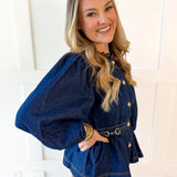 Solid ¾ Puff Sleeve Denim Top