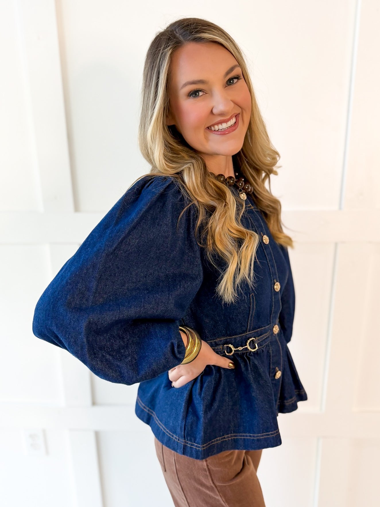 Solid ¾ Puff Sleeve Denim Top