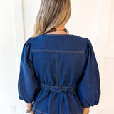 Solid ¾ Puff Sleeve Denim Top