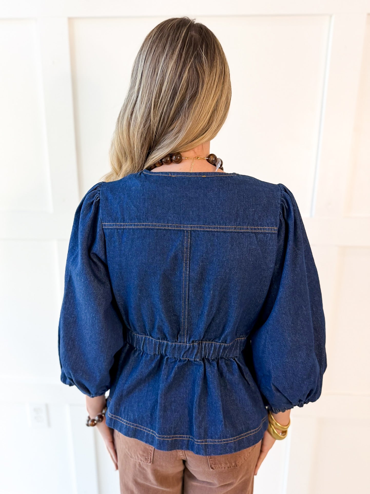 Solid ¾ Puff Sleeve Denim Top