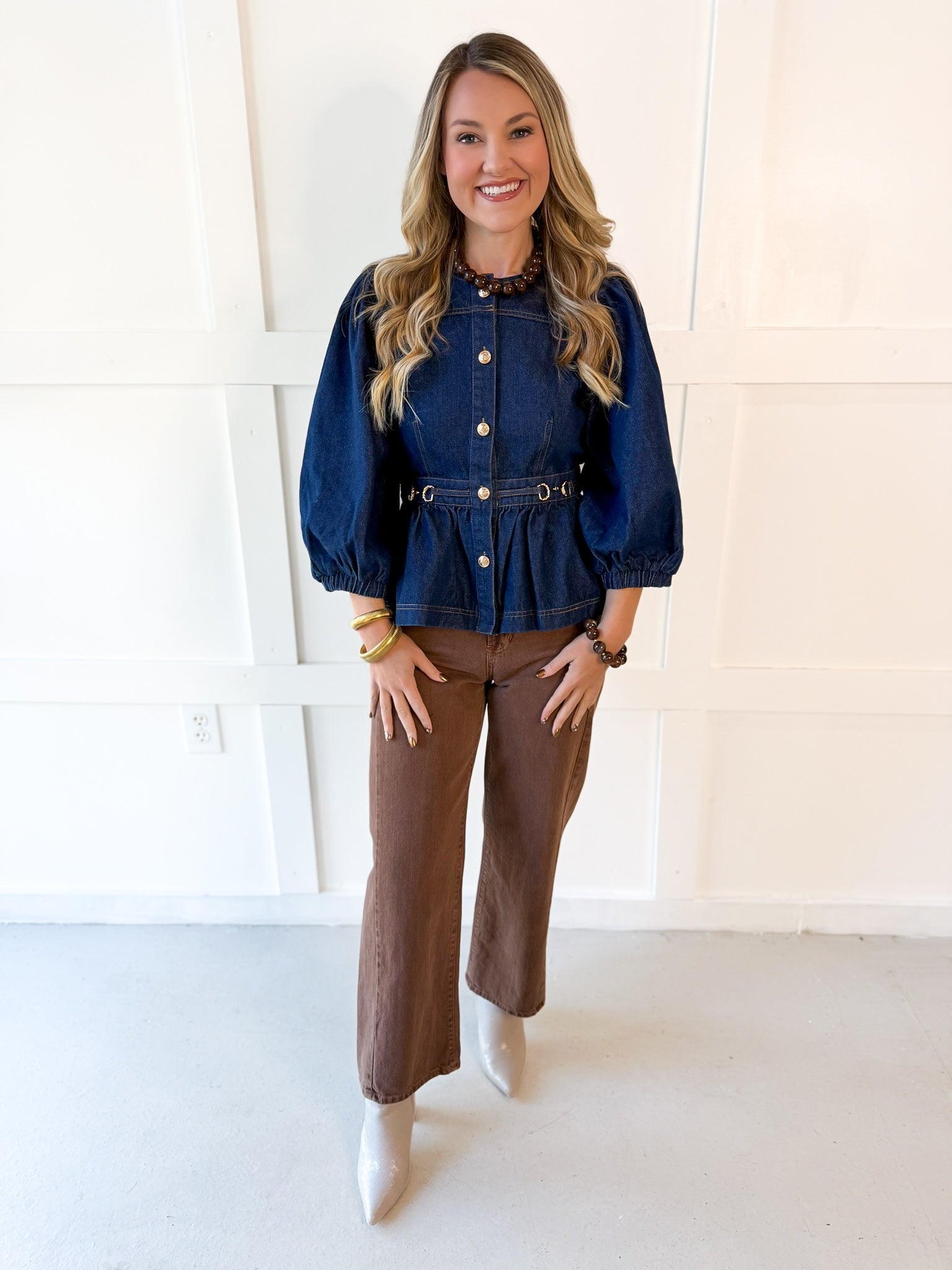 Solid ¾ Puff Sleeve Denim Top