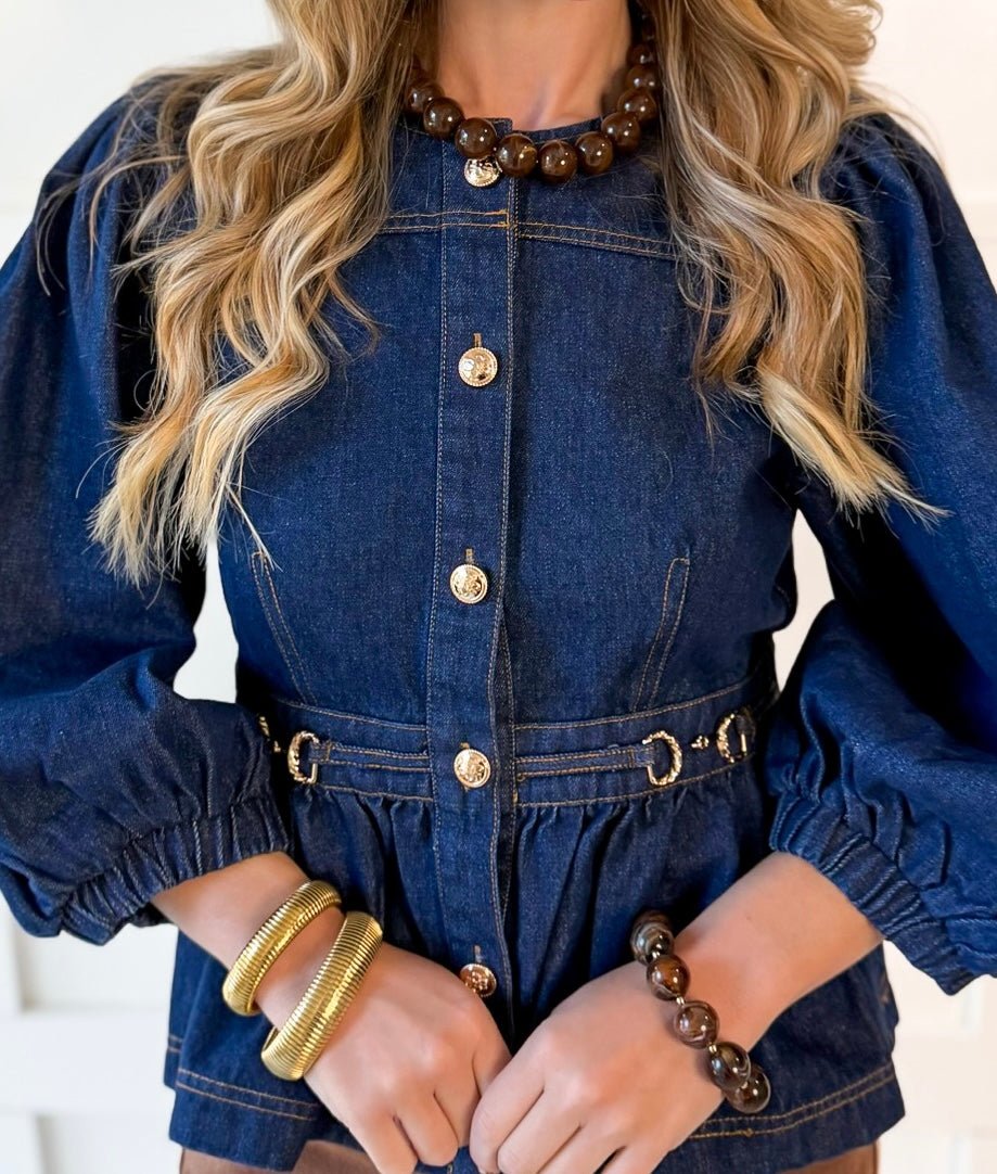 Solid ¾ Puff Sleeve Denim Top