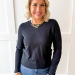 Solid round neck long sleeve top - Black