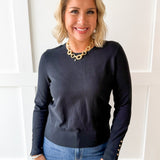 Solid round neck long sleeve top - Black