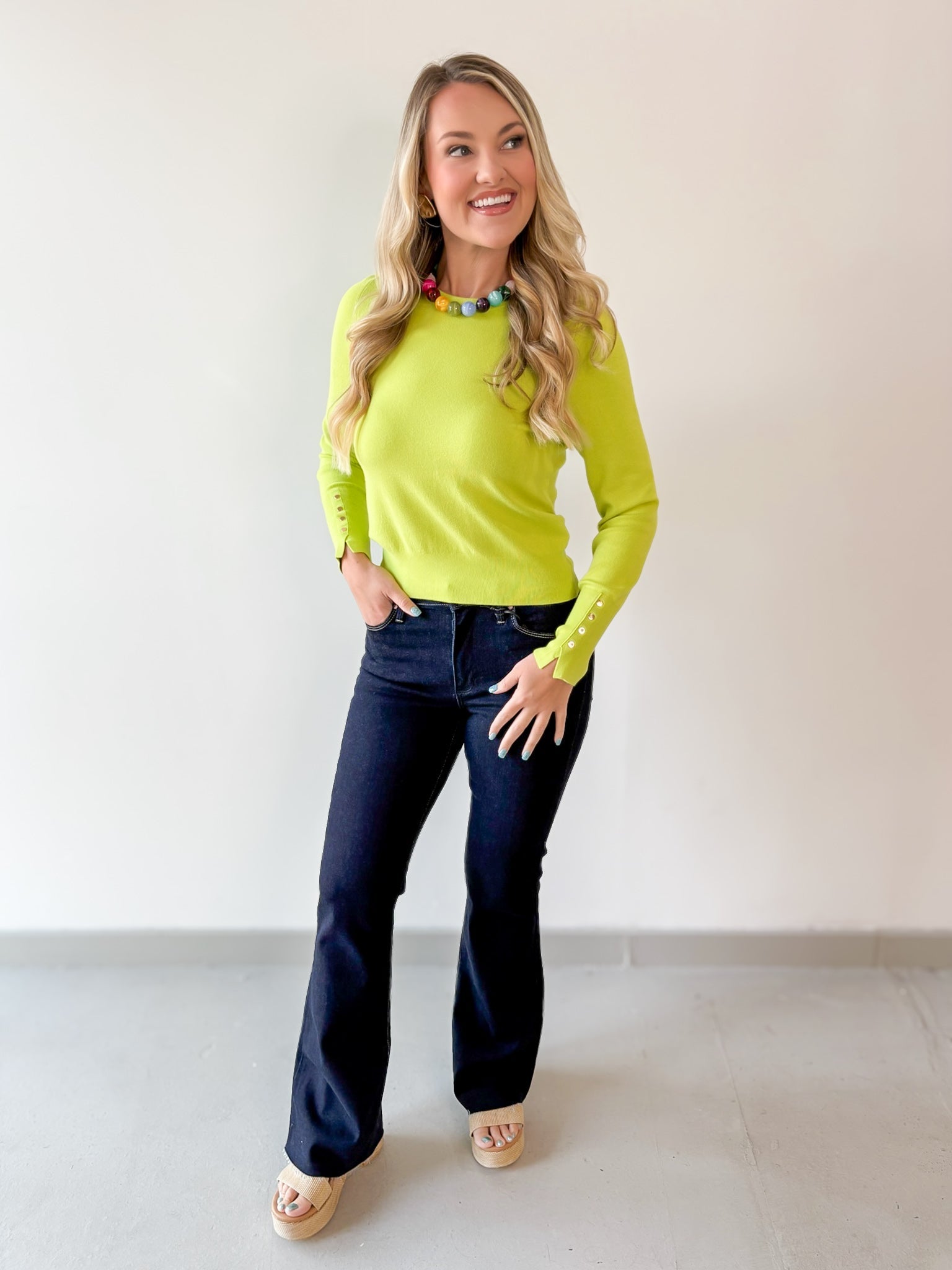 Solid Round Neck Long Sleeve Top - Chartreuse