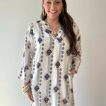 Split Neck Kaftan - Off White/Navy