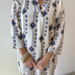 Split Neck Kaftan - Off White/Navy