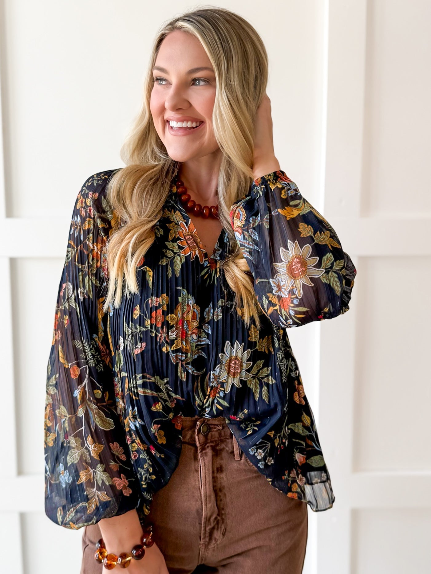 Split Neck Pleated Blouse