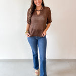 Split Neck Sheer Crochet Knit Top - Brown