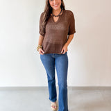 Split Neck Sheer Crochet Knit Top - Brown