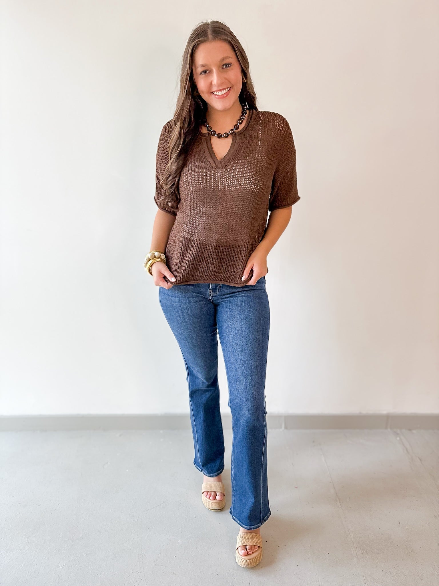 Split Neck Sheer Crochet Knit Top - Brown