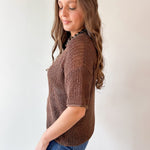 Split Neck Sheer Crochet Knit Top - Brown