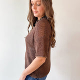 Split Neck Sheer Crochet Knit Top - Brown