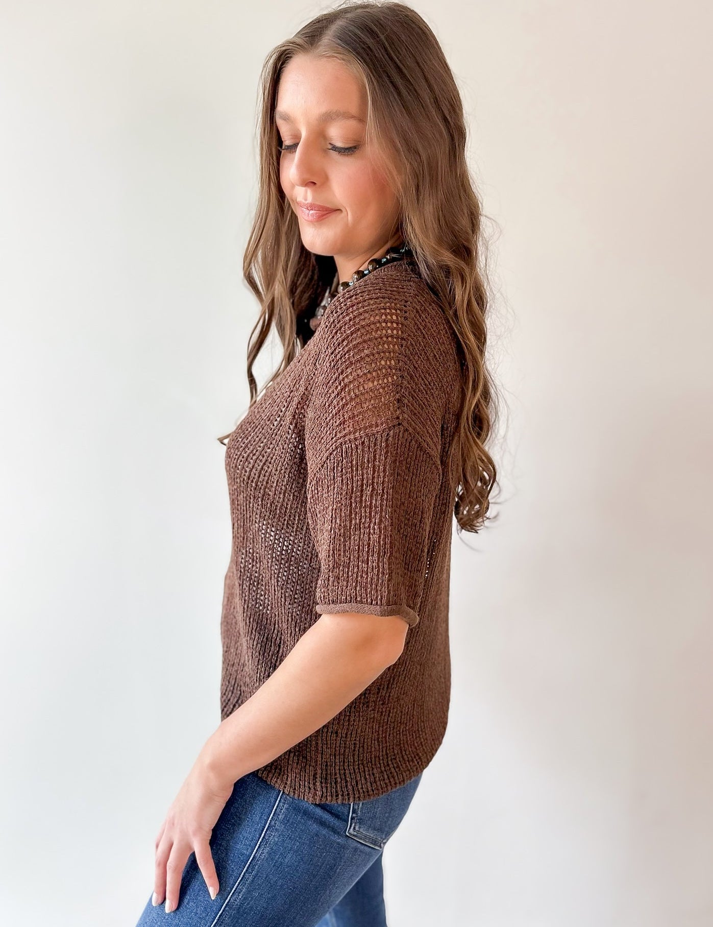Split Neck Sheer Crochet Knit Top - Brown