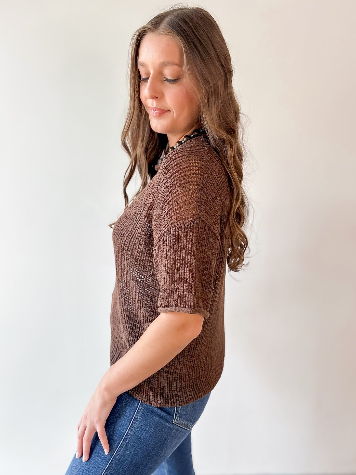Split Neck Sheer Crochet Knit Top - Brown