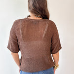 Split Neck Sheer Crochet Knit Top - Brown