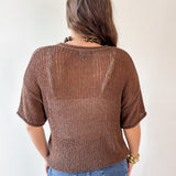 Split Neck Sheer Crochet Knit Top - Brown