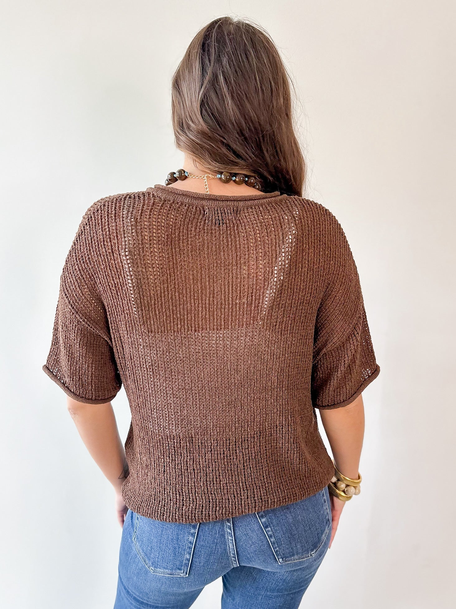 Split Neck Sheer Crochet Knit Top - Brown