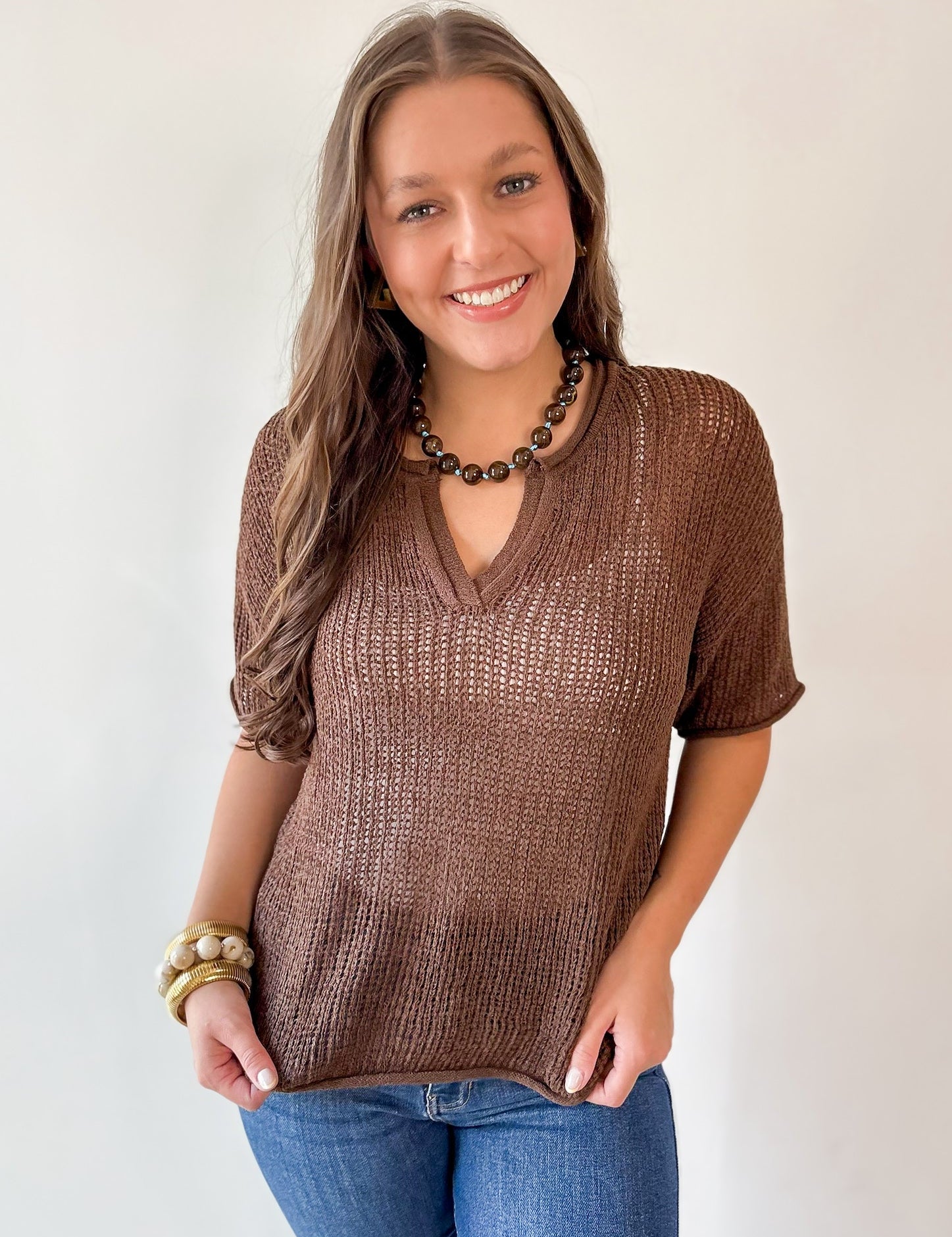 Split Neck Sheer Crochet Knit Top - Brown