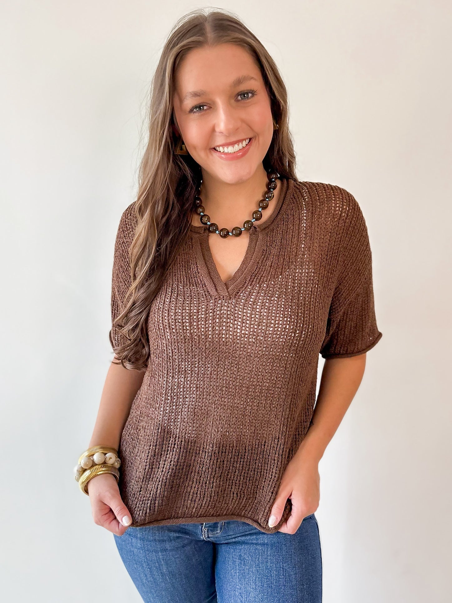 Split Neck Sheer Crochet Knit Top - Brown