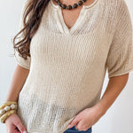 Split Neck Sheer Crochet Knit Top -Khaki