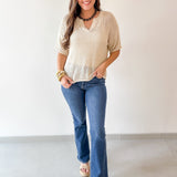 Split Neck Sheer Crochet Knit Top -Khaki