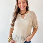Split Neck Sheer Crochet Knit Top -Khaki