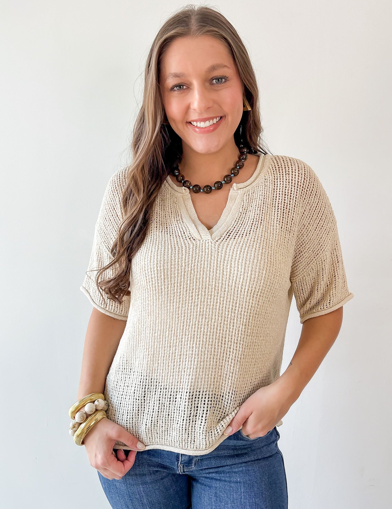 Split Neck Sheer Crochet Knit Top -Khaki
