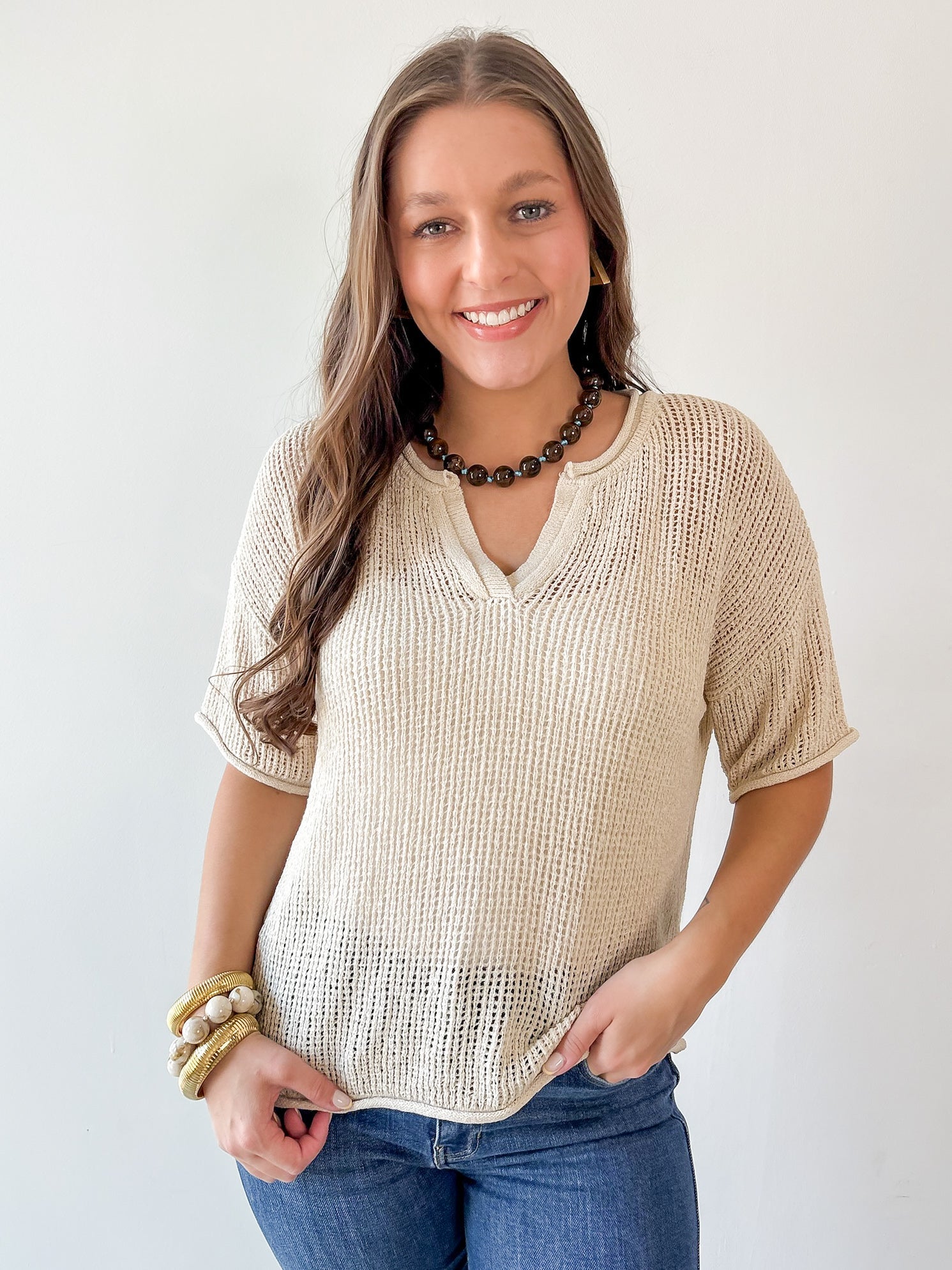 Split Neck Sheer Crochet Knit Top -Khaki
