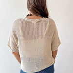 Split Neck Sheer Crochet Knit Top -Khaki