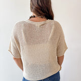 Split Neck Sheer Crochet Knit Top -Khaki