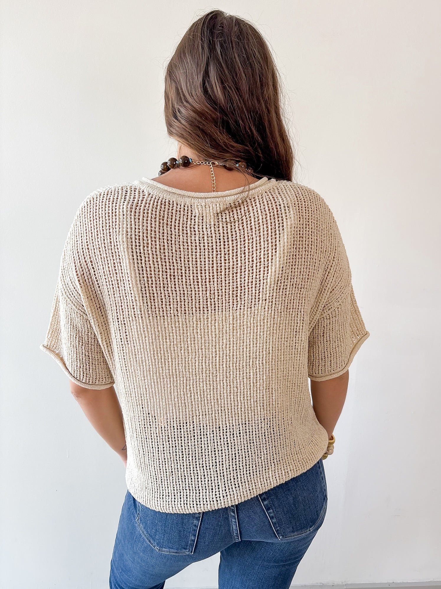 Split Neck Sheer Crochet Knit Top -Khaki
