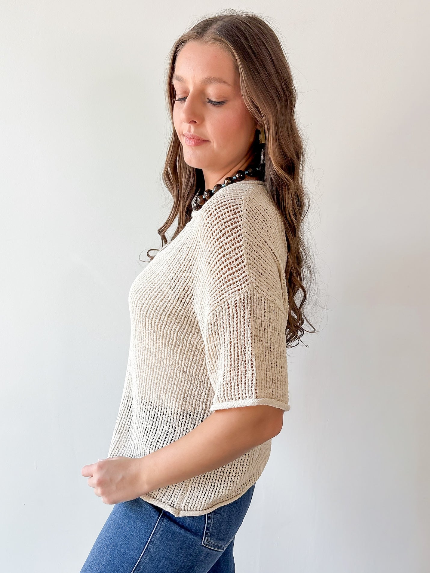 Split Neck Sheer Crochet Knit Top -Khaki