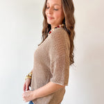 Split Neck Sheer Crochet Knit Top -Natural