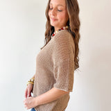Split Neck Sheer Crochet Knit Top -Natural