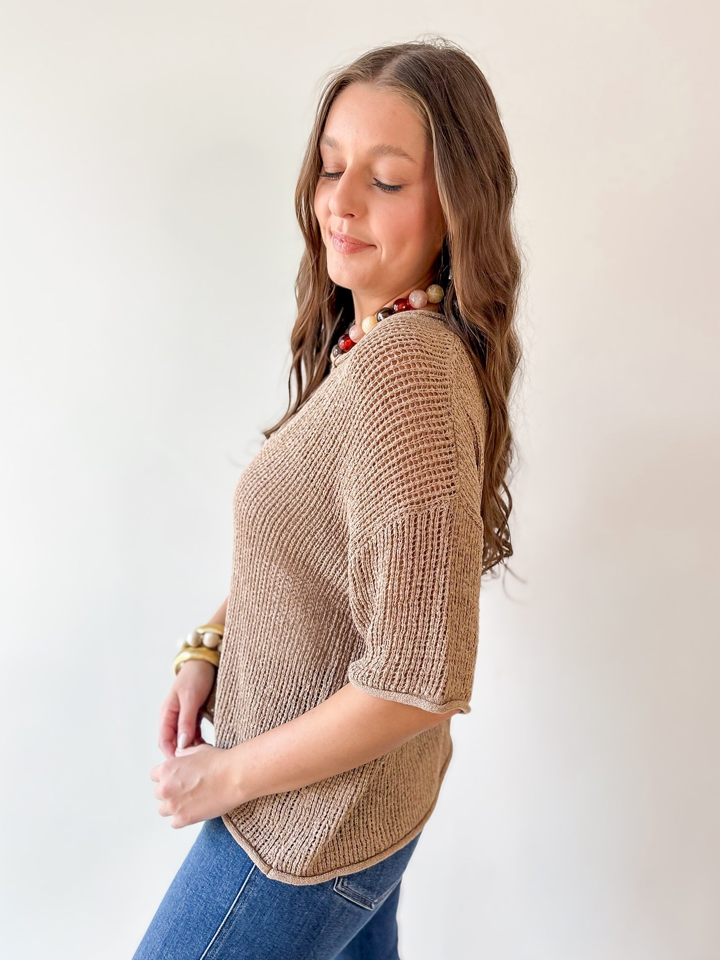 Split Neck Sheer Crochet Knit Top -Natural