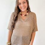 Split Neck Sheer Crochet Knit Top -Natural