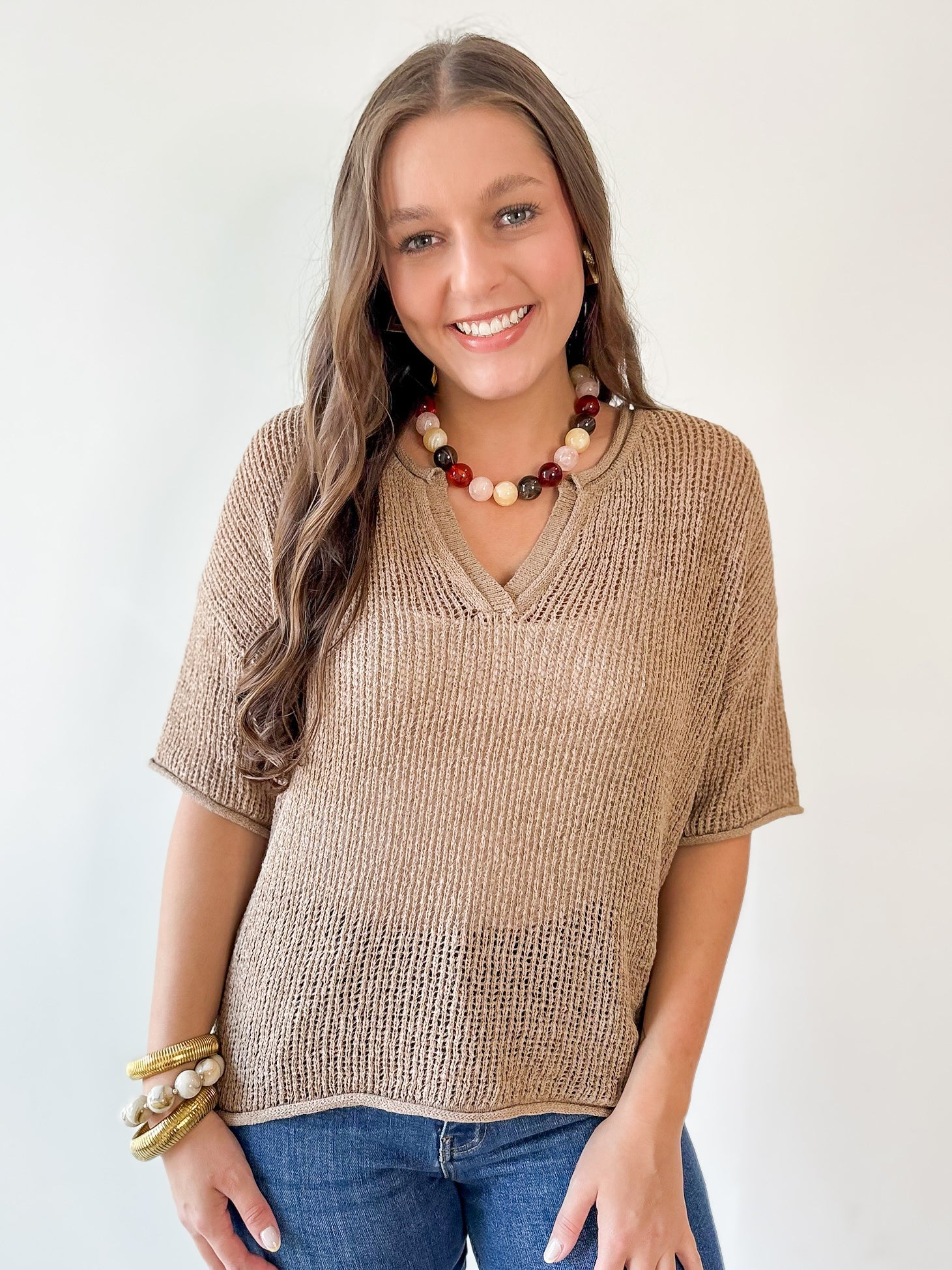 Split Neck Sheer Crochet Knit Top -Natural