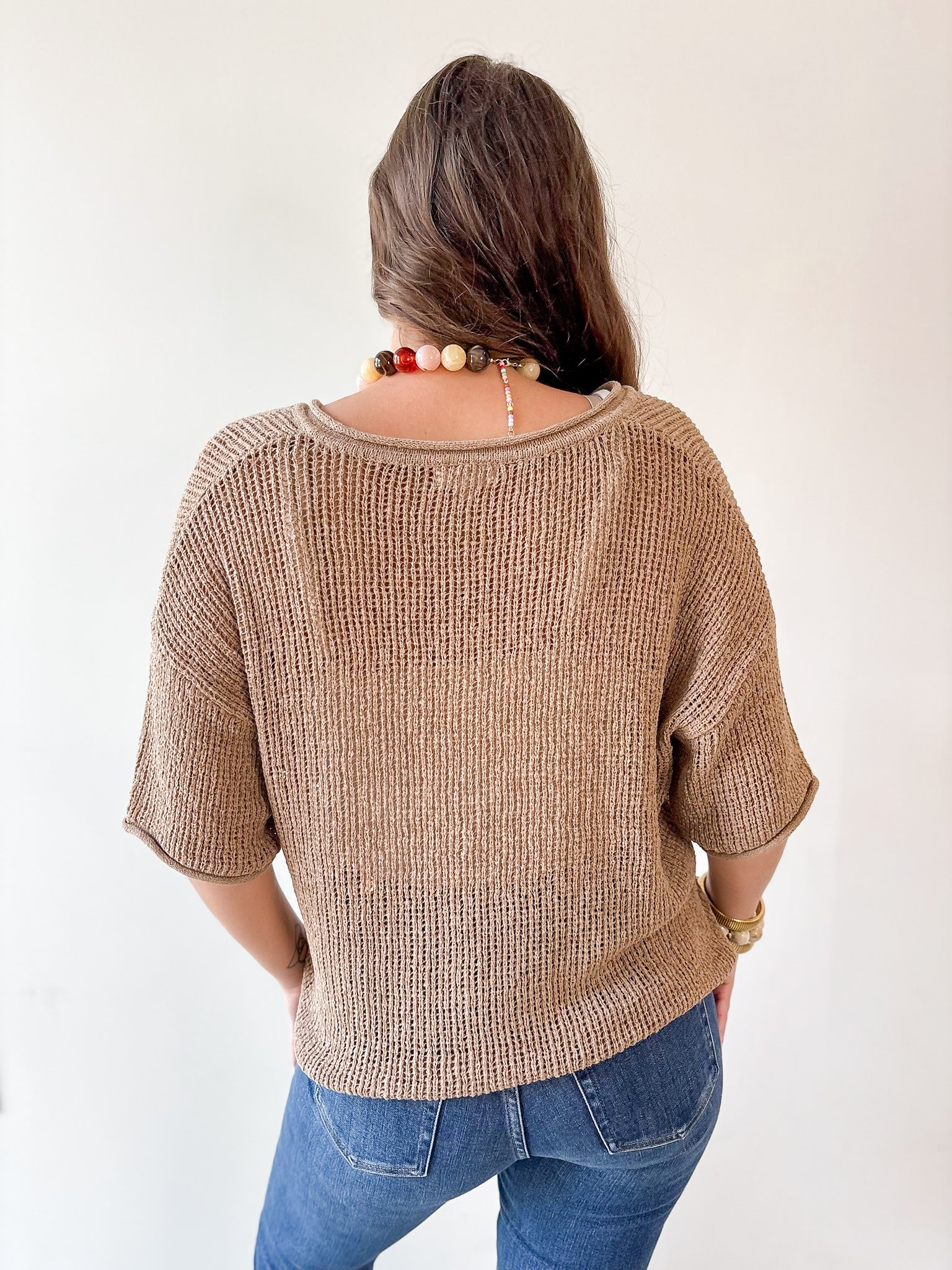 Split Neck Sheer Crochet Knit Top -Natural