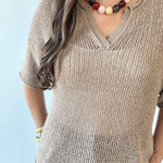 Split Neck Sheer Crochet Knit Top -Natural