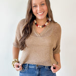 Split Neck Sheer Crochet Knit Top -Natural