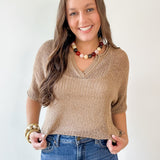 Split Neck Sheer Crochet Knit Top -Natural