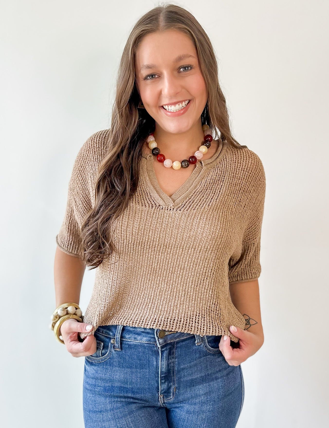 Split Neck Sheer Crochet Knit Top -Natural