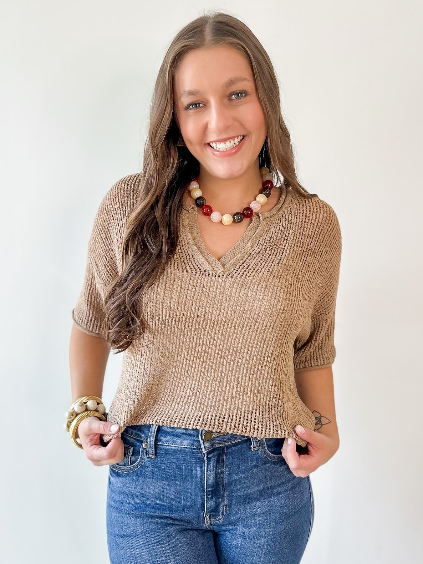 Split Neck Sheer Crochet Knit Top -Natural