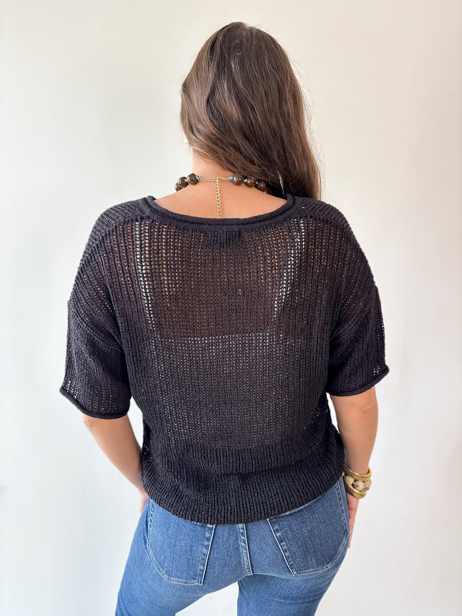 Split Neck Sheer Knit Top - Black