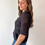 Split Neck Sheer Knit Top - Black