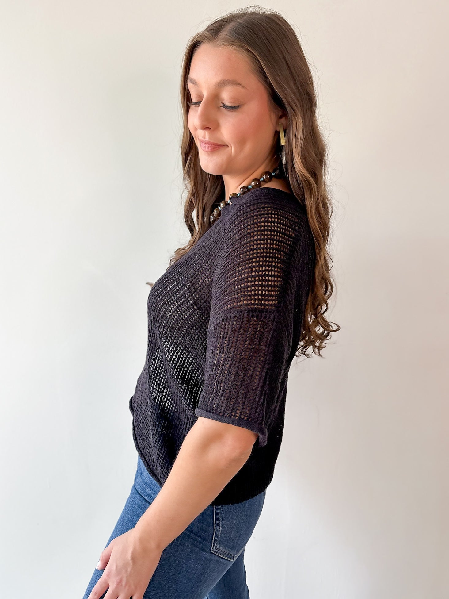 Split Neck Sheer Knit Top - Black